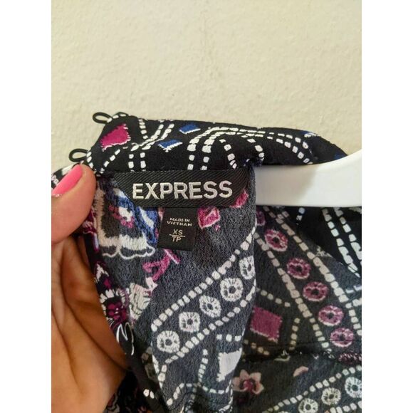 Express Tunic Mini Dress Women's Size XS Black Floral Boho Geometric Keyhole - Picture 4 of 10